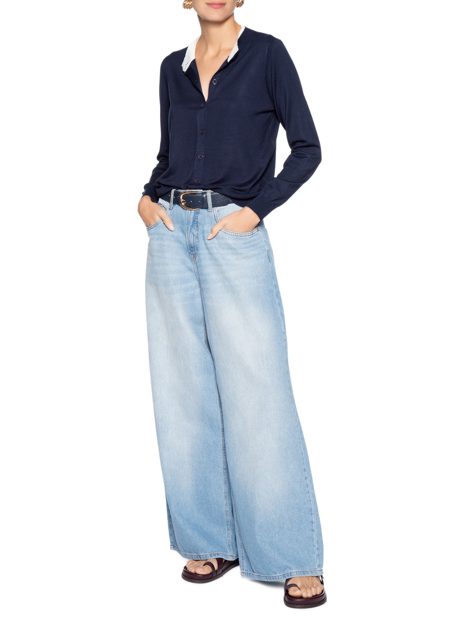 Cardigã Feminino Tricot Detalhe Bicolor Azul Basiq