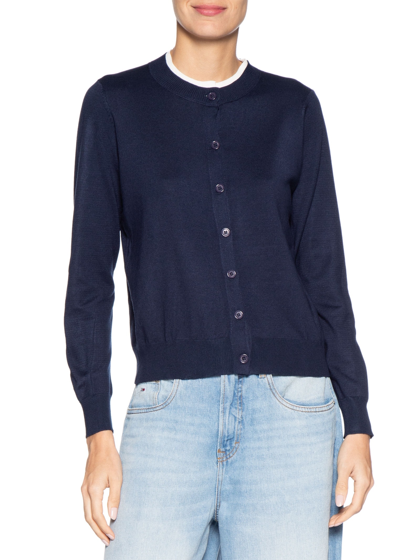 Cardigã Feminino Tricot Detalhe Bicolor Azul Basiq