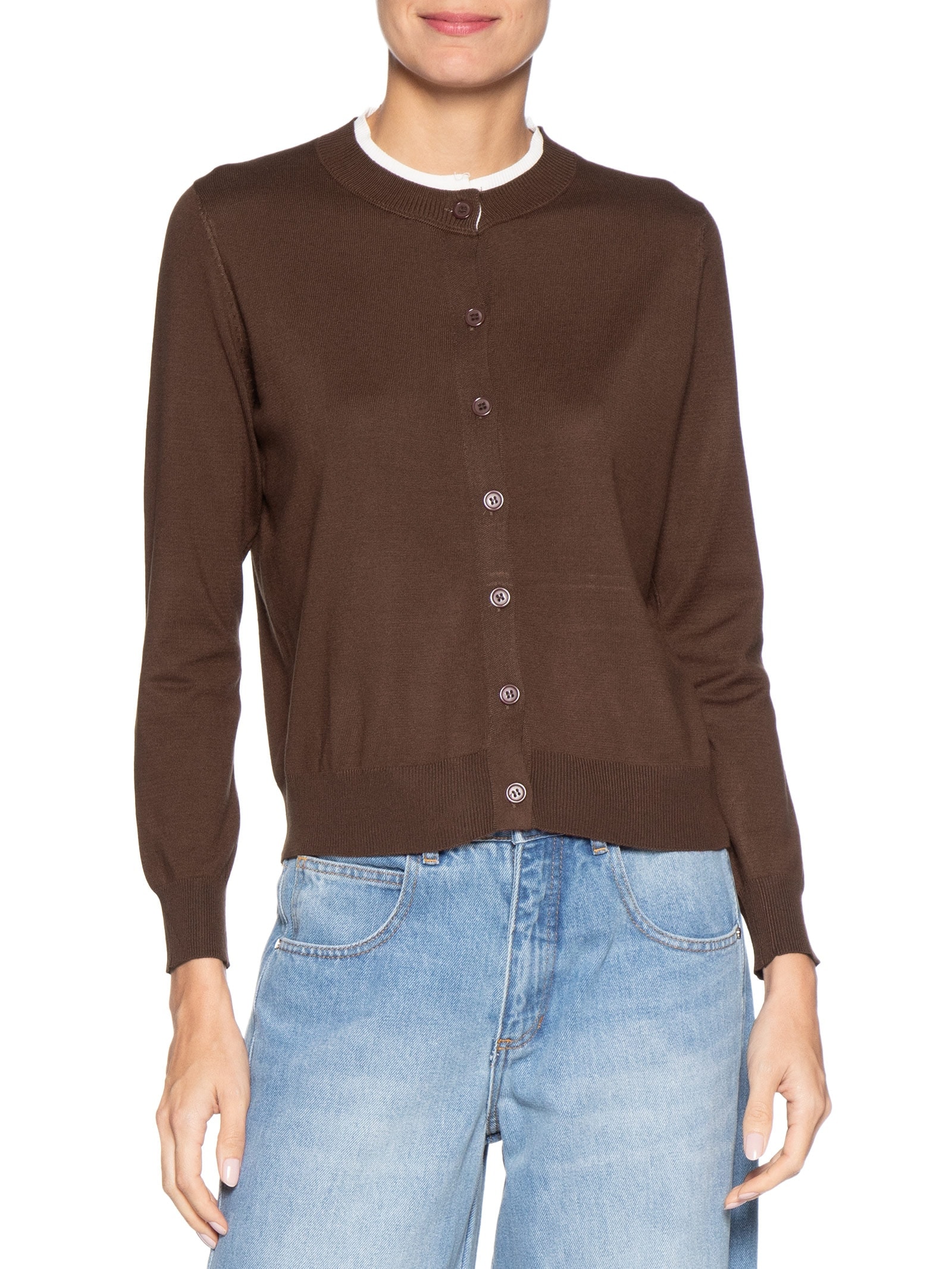 Cardigã Feminino Tricot Detalhe Bicolor Marrom Basiq