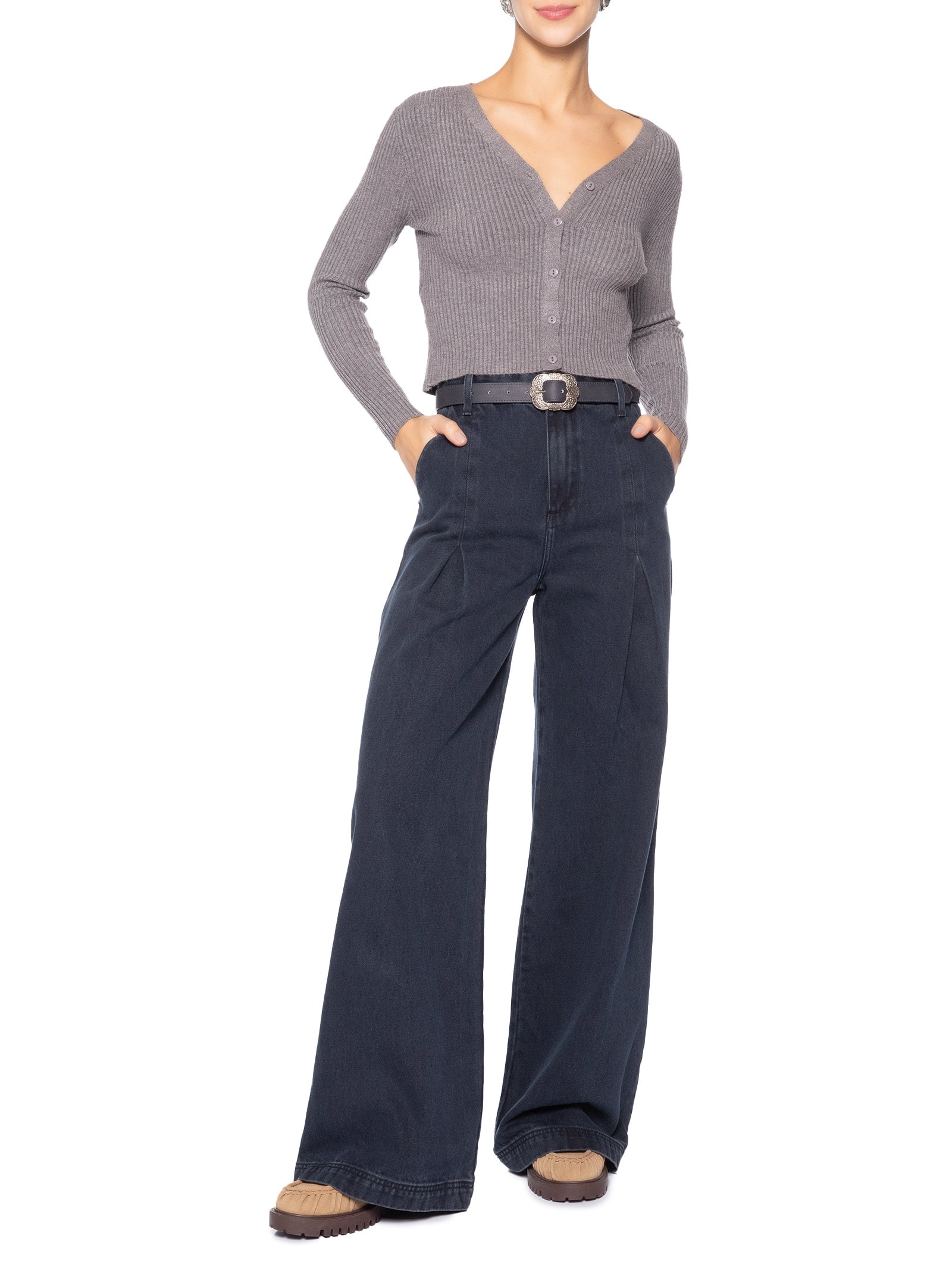Cardigã Feminino Tricot Gola V Cinza Basiq
