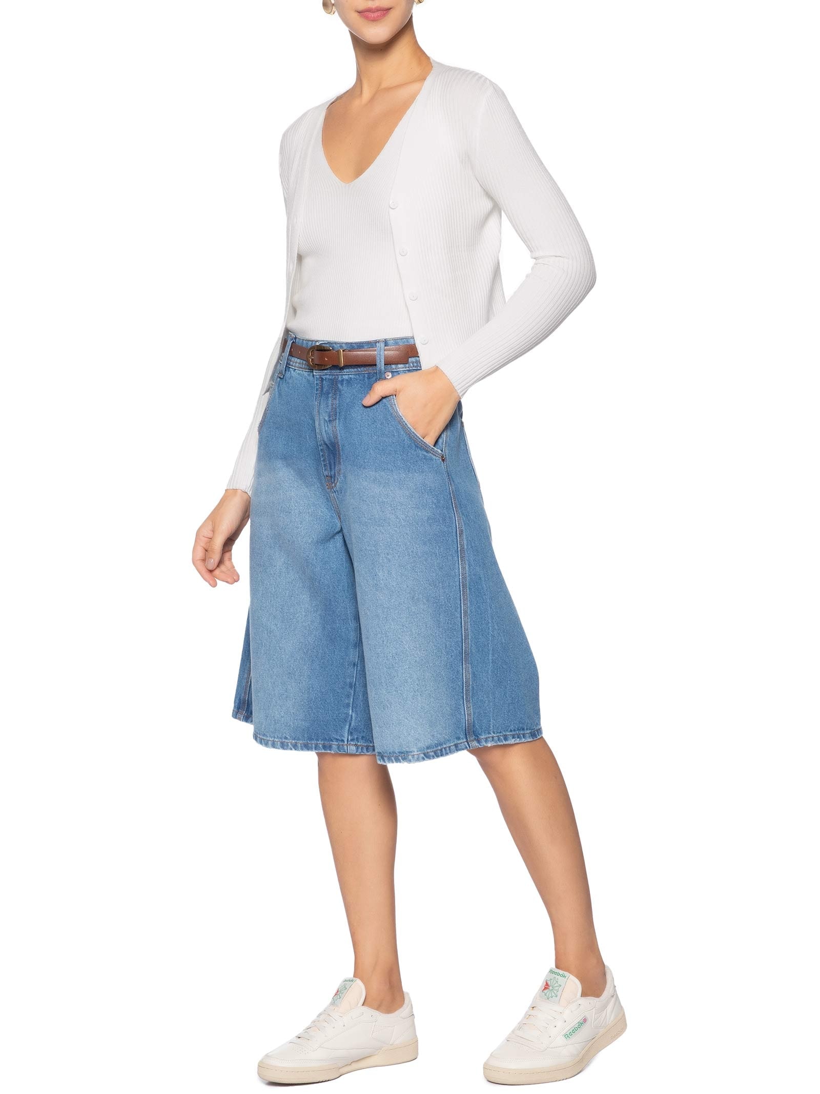 Cardigã Feminino Tricot Gola V Off White Basiq