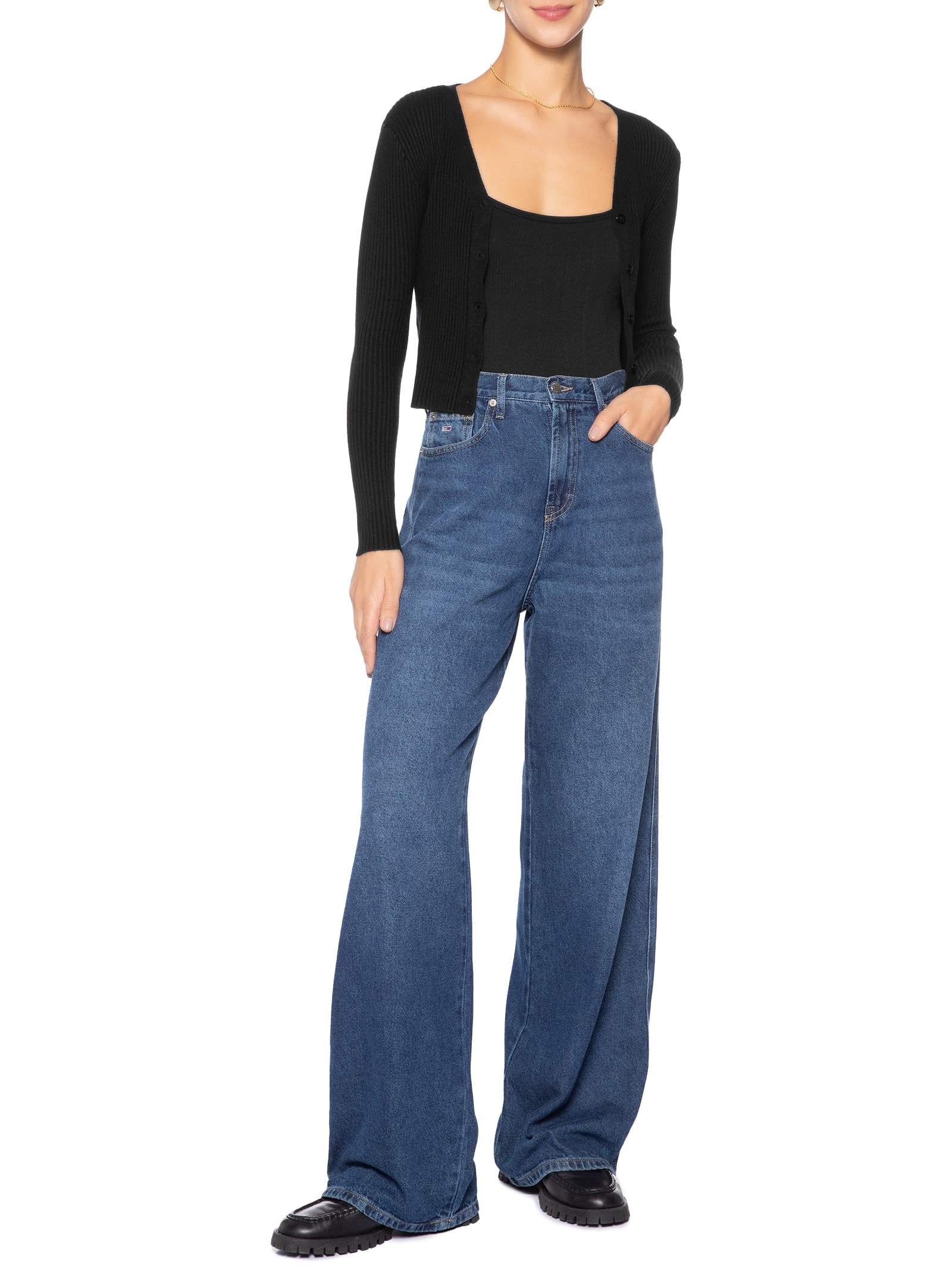 Cardigã Feminino Tricot Gola V Preto Basiq