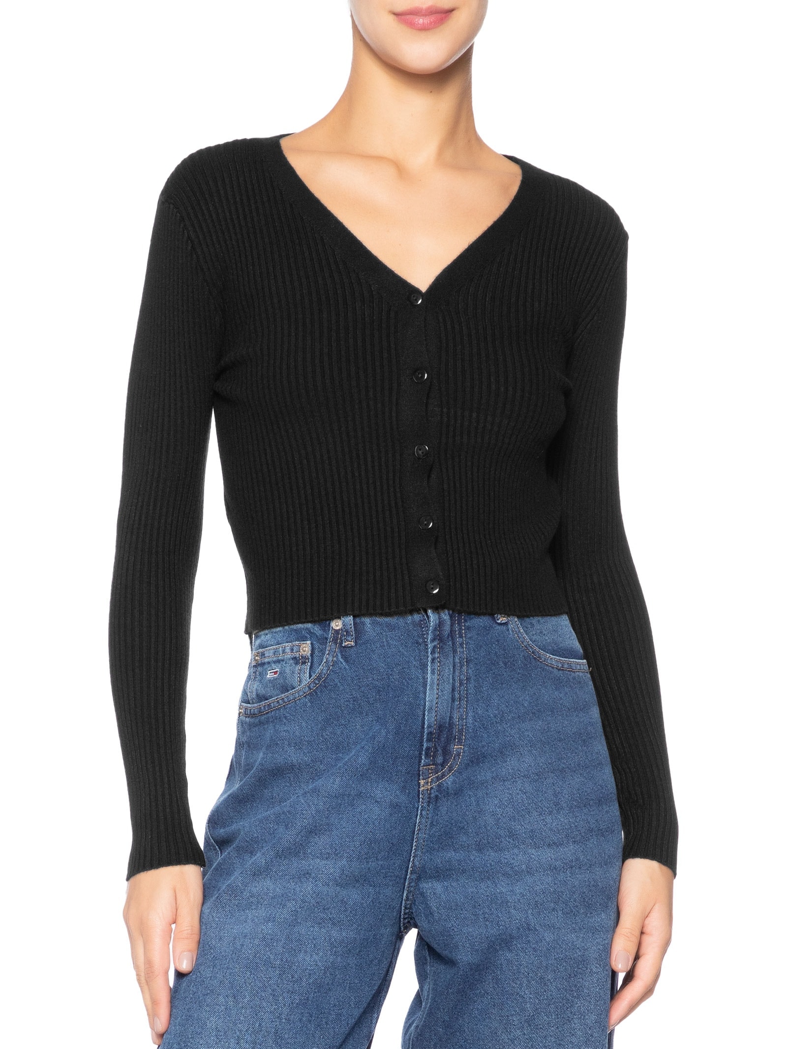 Cardigã Feminino Tricot Gola V Preto Basiq
