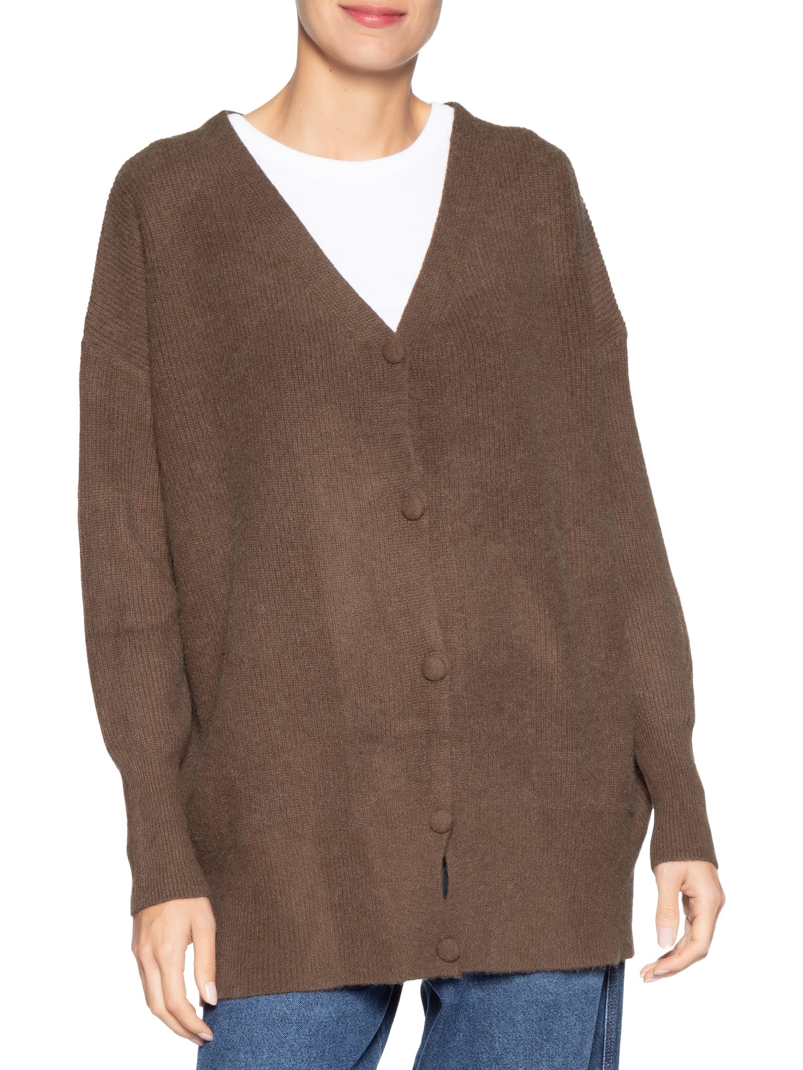 Cardigã Feminino Tricot Oversized Texturizado Marrom Basiq