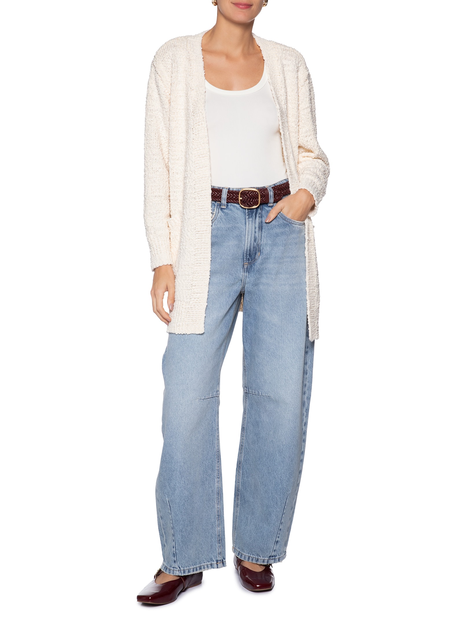 Cardigã Feminino Tricot Texturizado Alongado Branco Basiq