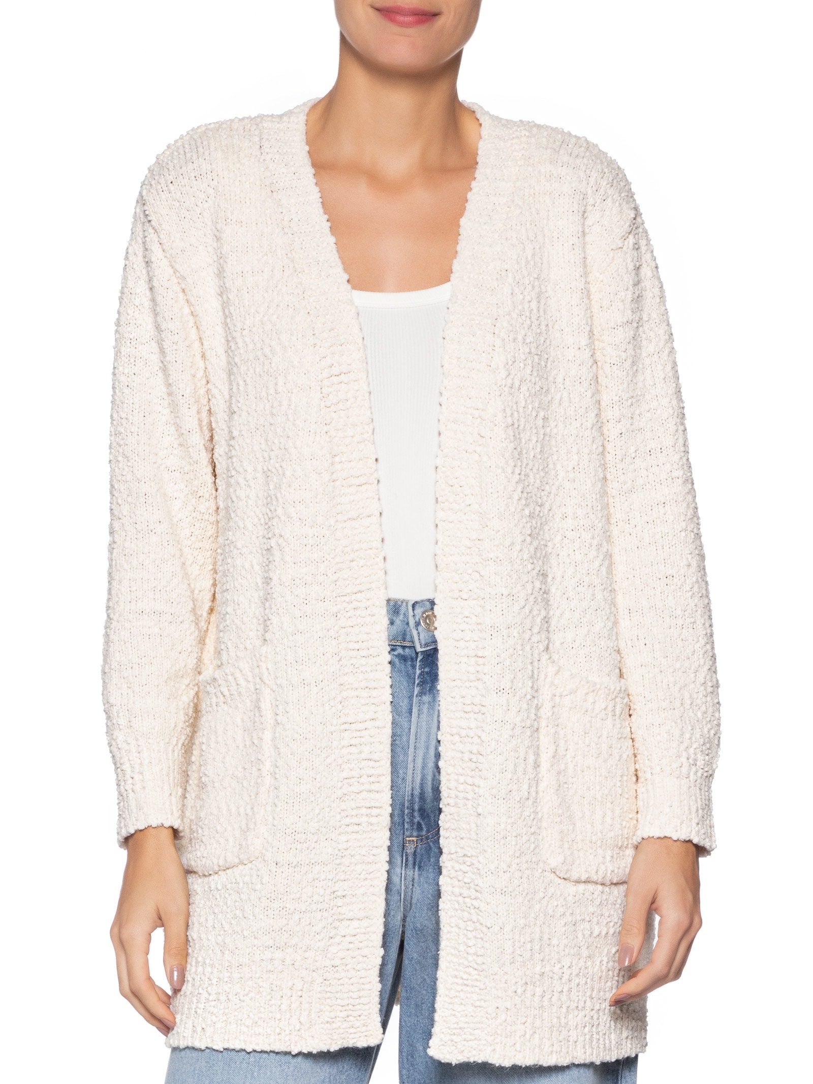 Cardigã Feminino Tricot Texturizado Alongado Branco Basiq