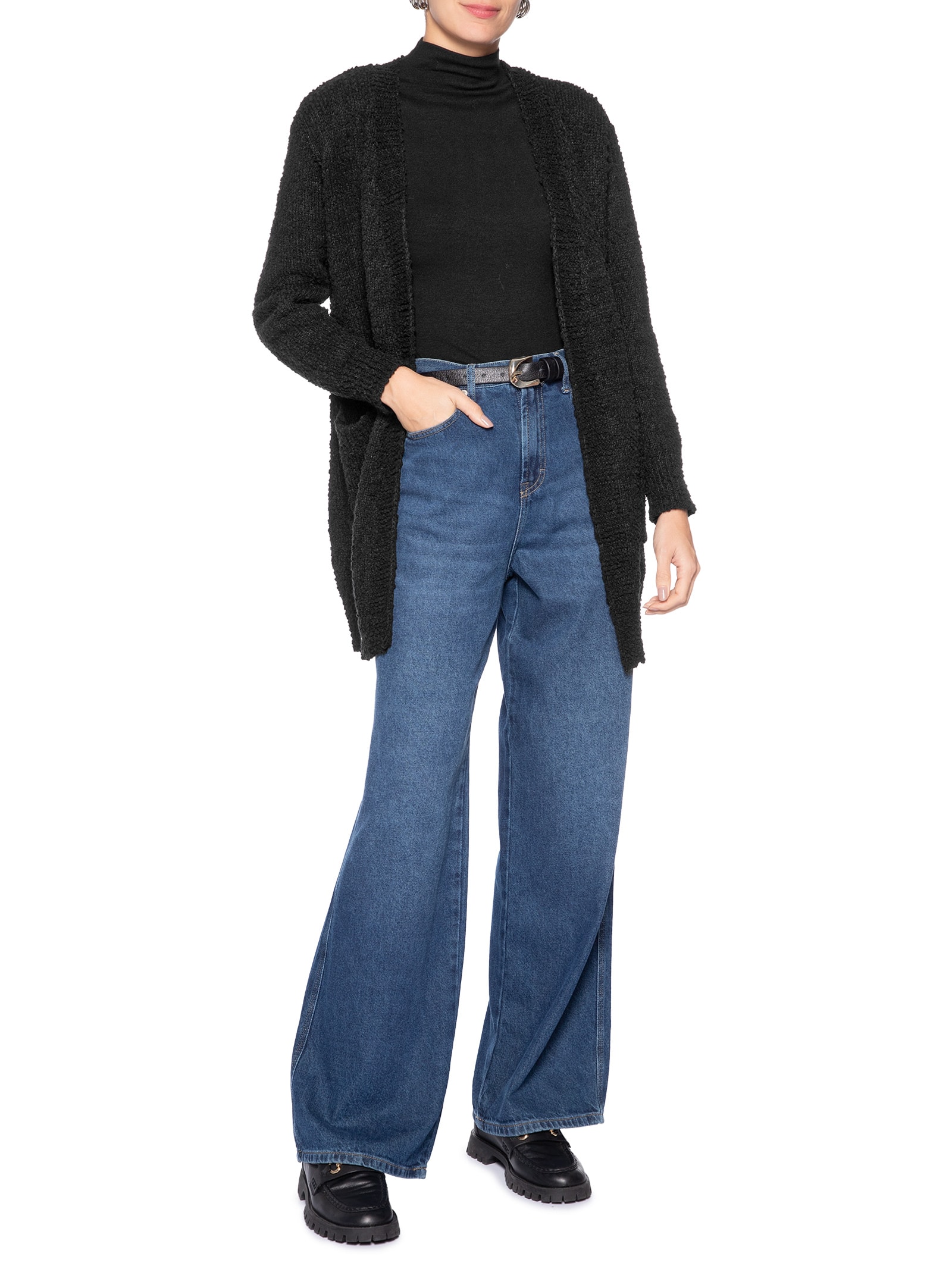 Cardigã Feminino Tricot Texturizado Alongado Preto Basiq