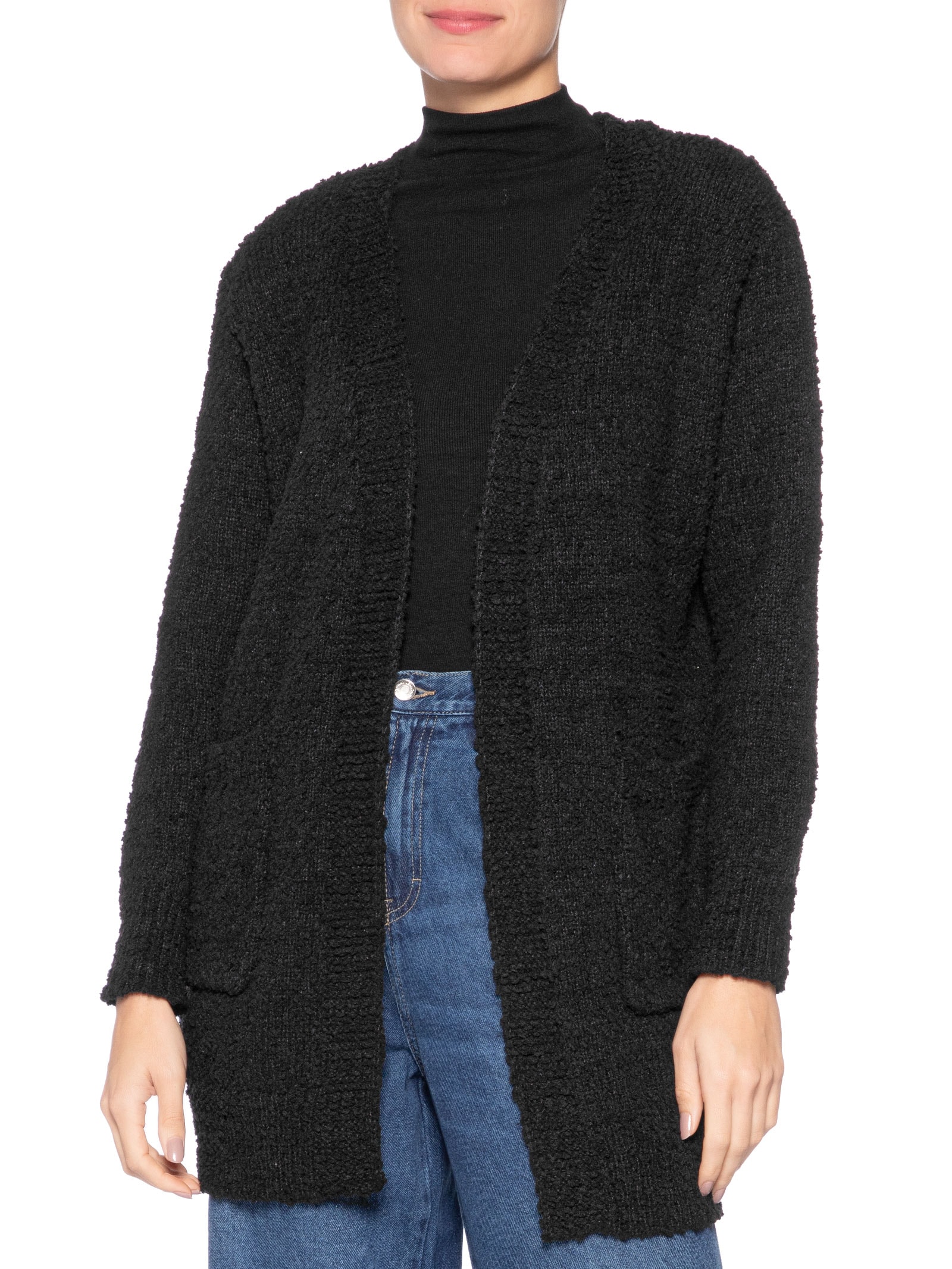 Cardigã Feminino Tricot Texturizado Alongado Preto Basiq