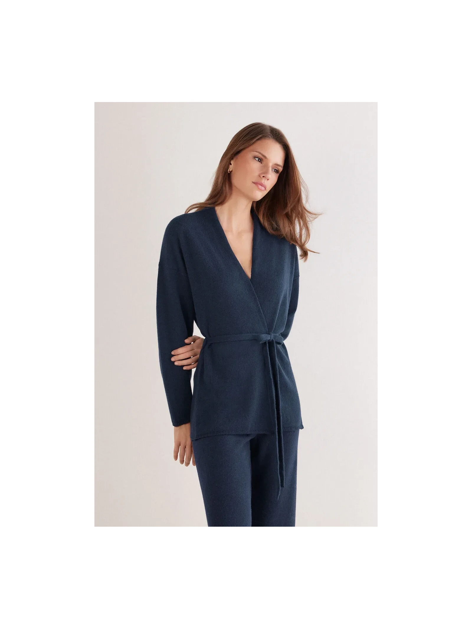 Cardigan Com Cinto 100% Cashmere Azul Intimissimi