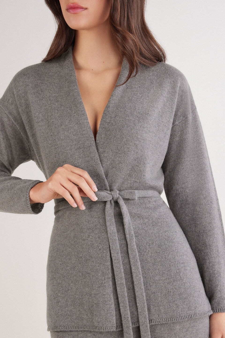 Cardigan Com Cinto 100% Cashmere - Cinza