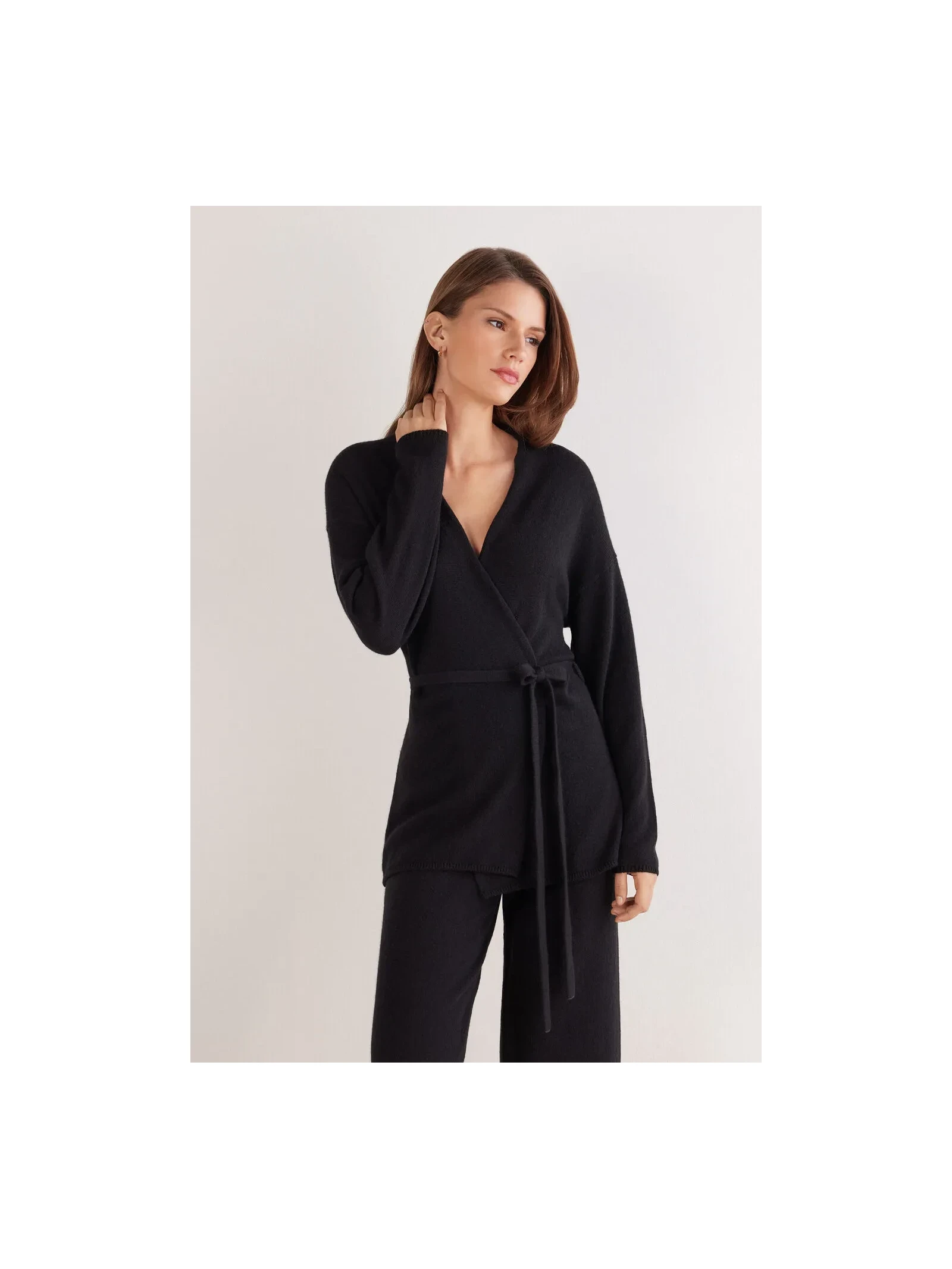Cardigan Com Cinto 100% Cashmere Preto Intimissimi