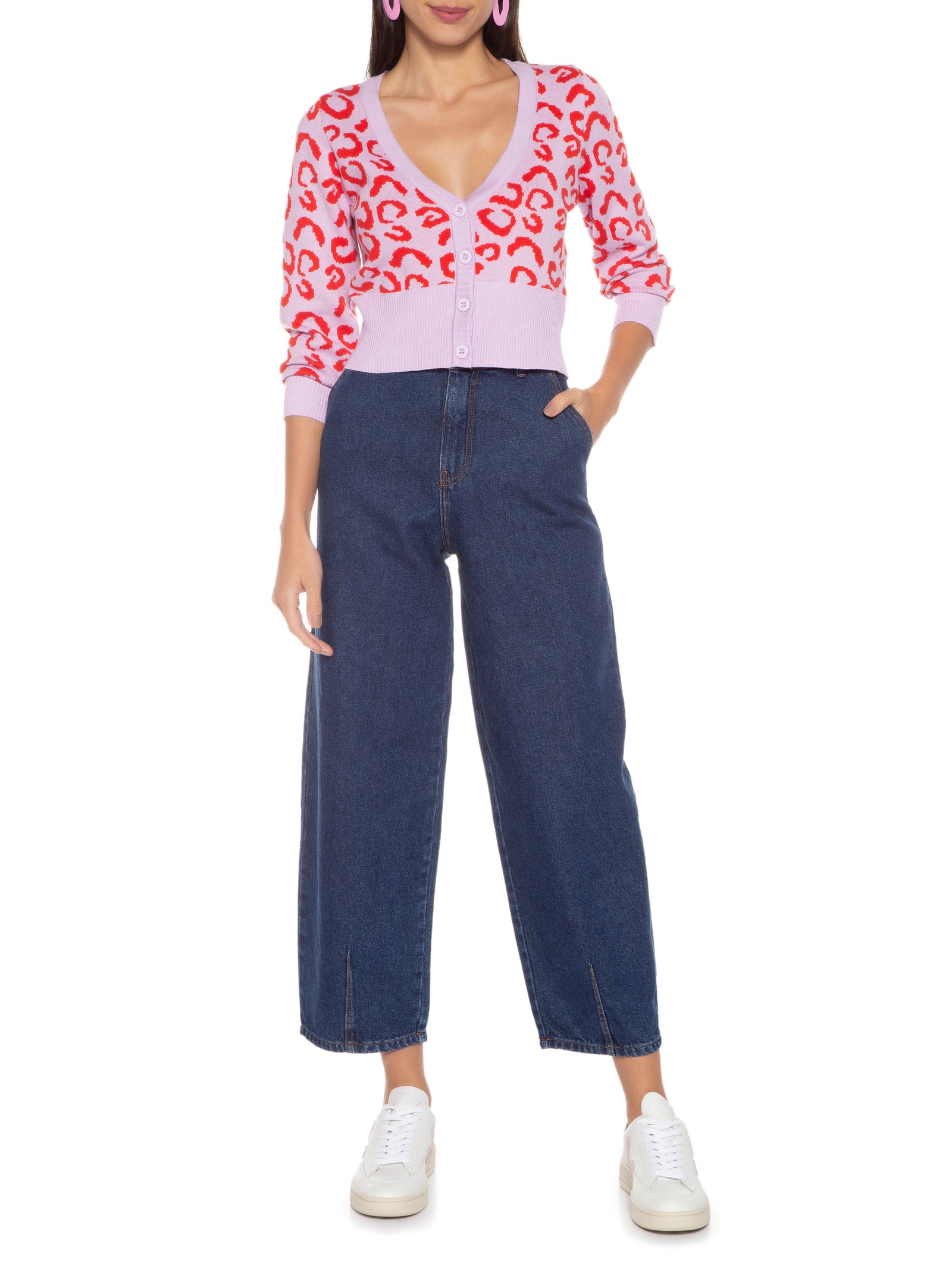 Market 33 - Cardigan Cropped Tricot Colorido Onça - Rosa