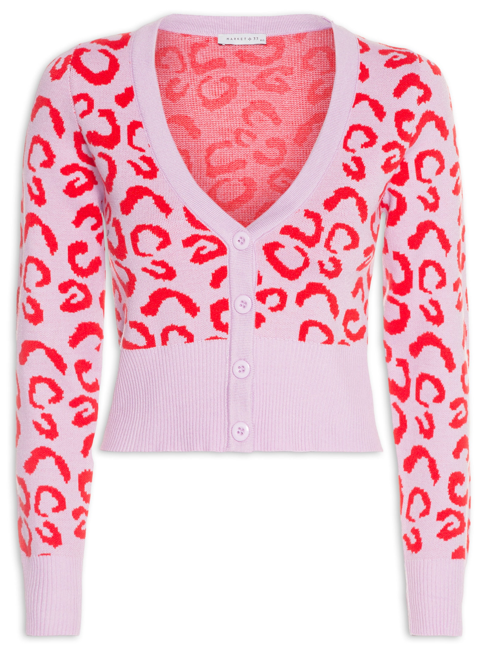 Market 33 - Cardigan Cropped Tricot Colorido Onça - Rosa
