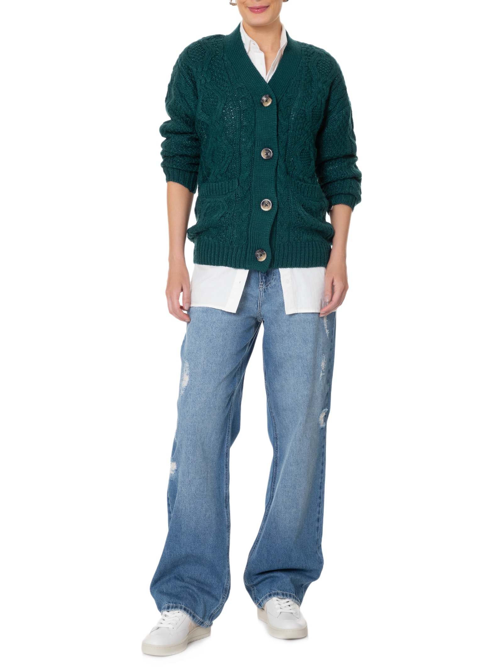 【B・BLUE】carhartt DILLON CARDIGAN/グリーン Cardigan Feminino Alongado Com Bolsos Frontais - Basiq - Verde
