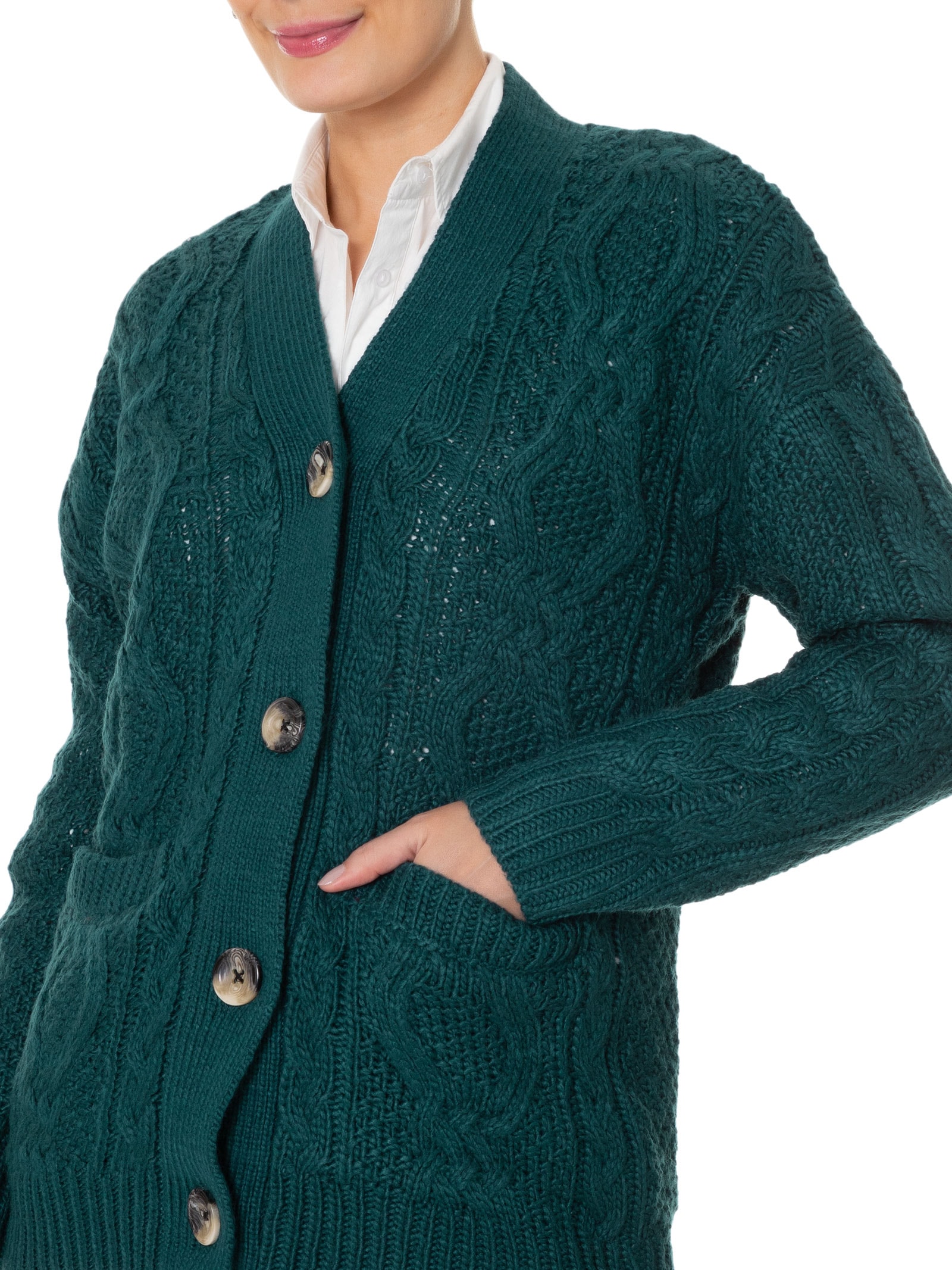 Cardigan Feminino Alongado Com Bolsos Frontais - Basiq - Verde