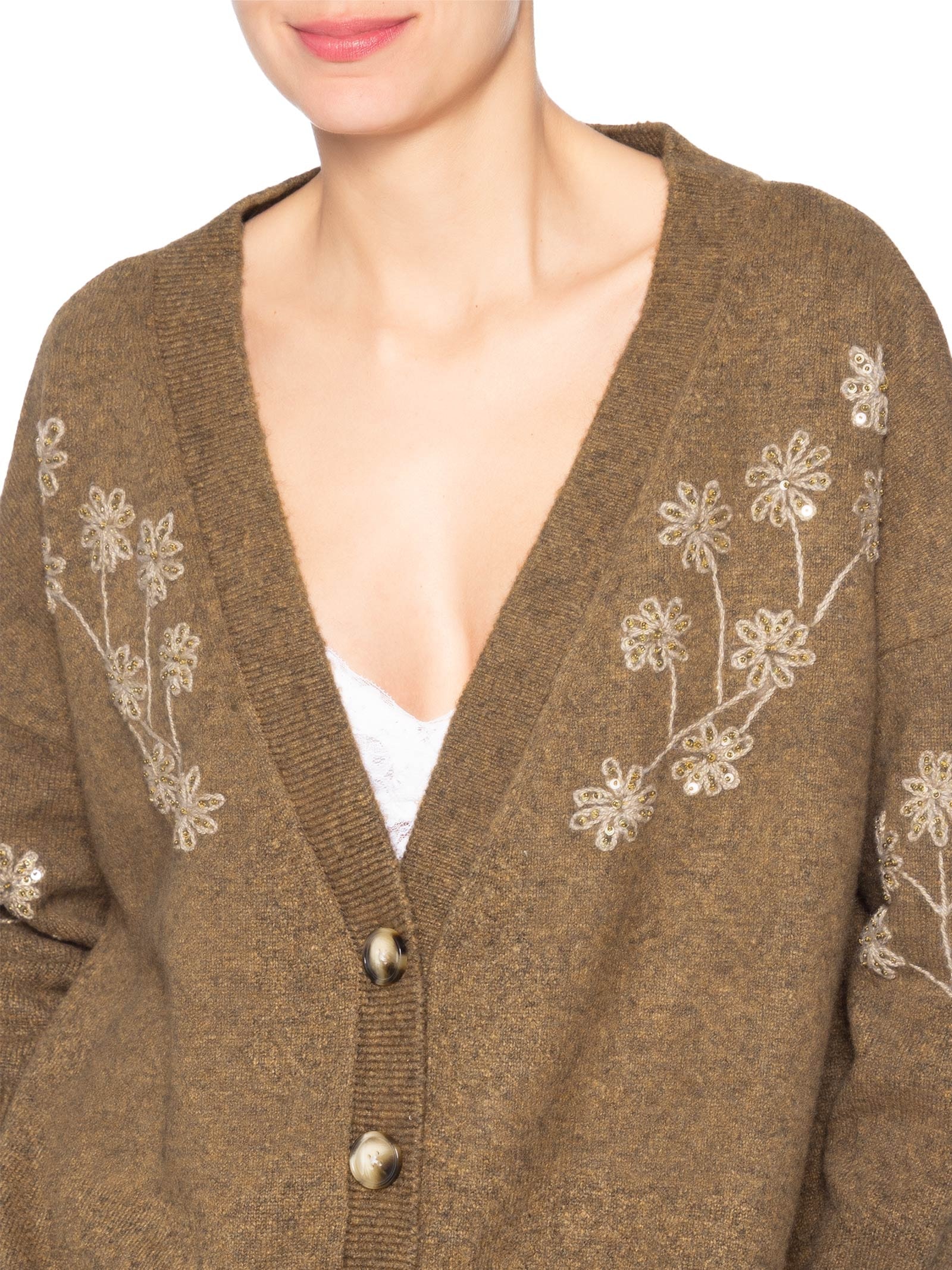 Cardigan Feminino Bordado Gola V De Tricot Marrom Animale