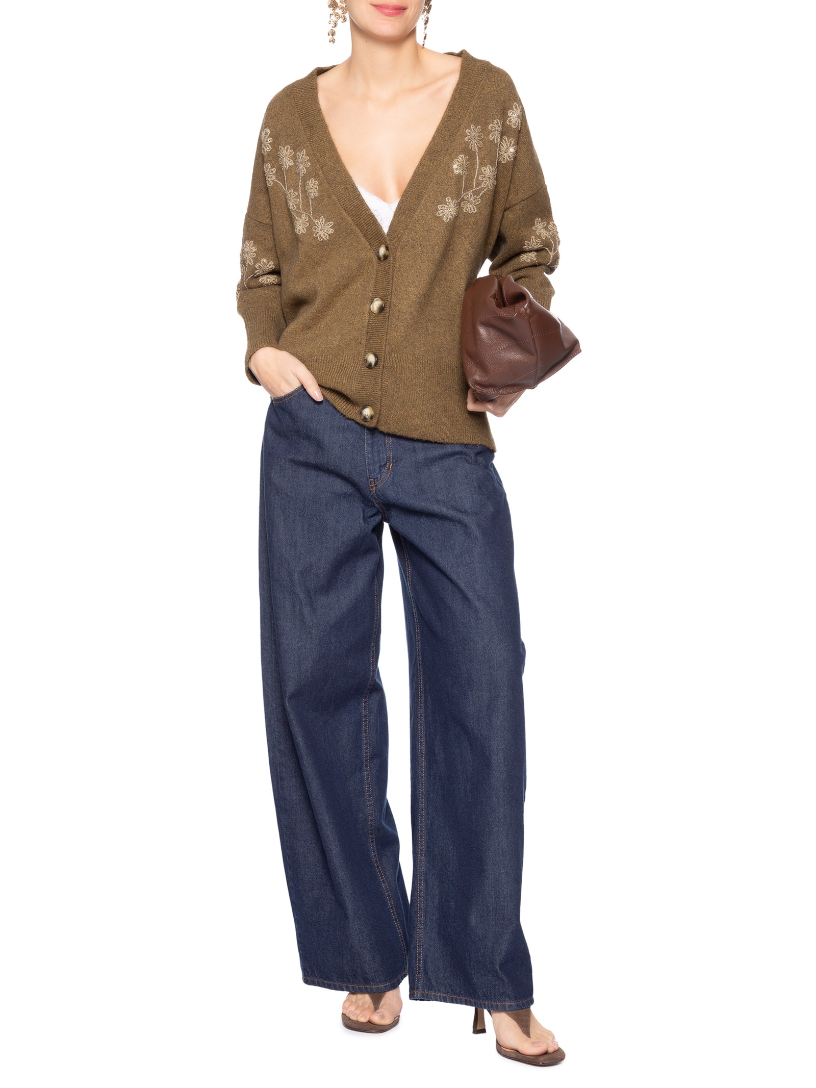 Cardigan Feminino Bordado Gola V De Tricot Marrom Animale