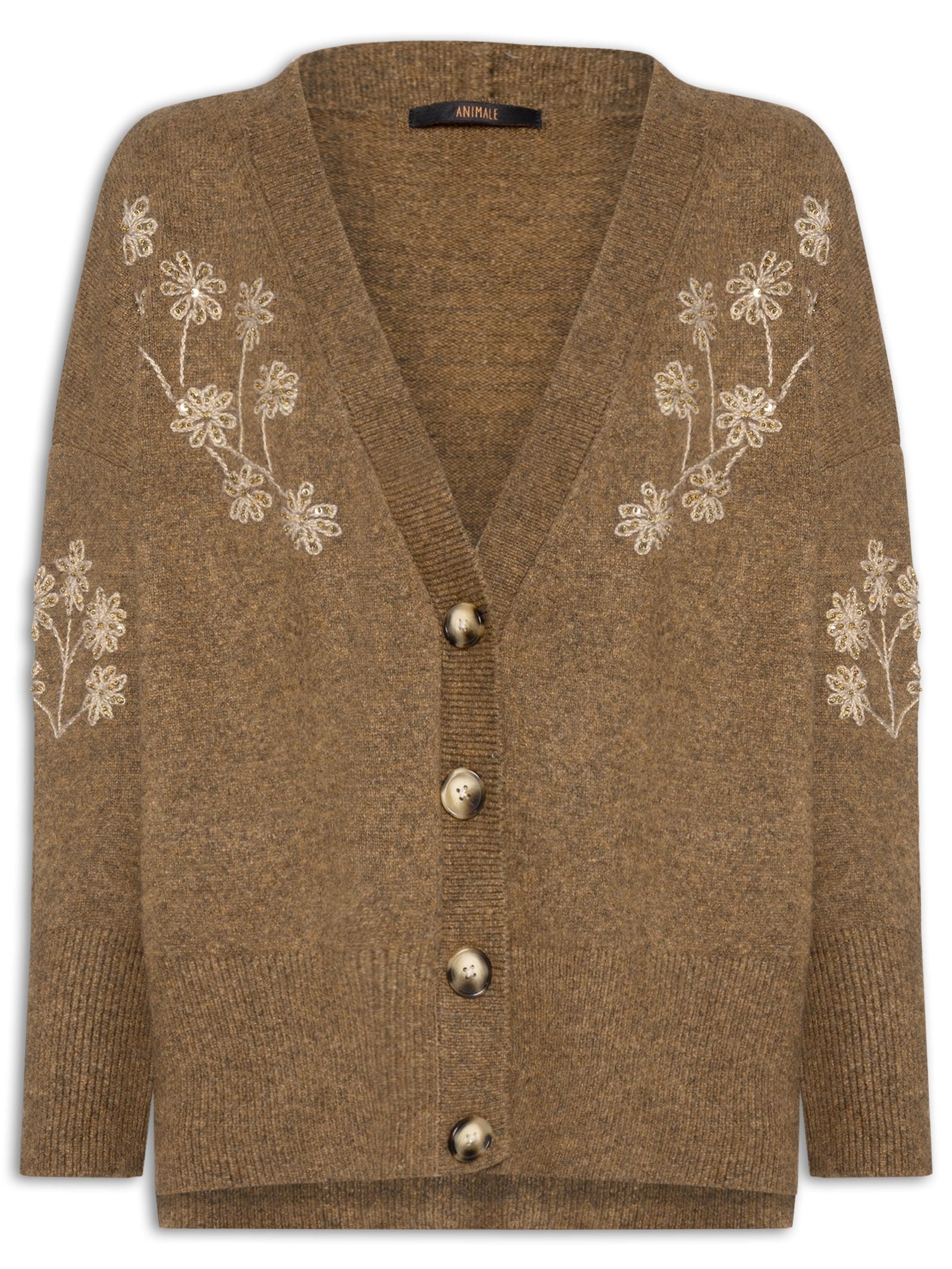Cardigan Feminino Bordado Gola V De Tricot Marrom Animale