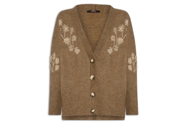 Cardigan Feminino Bordado Gola V De Tricot - Marrom