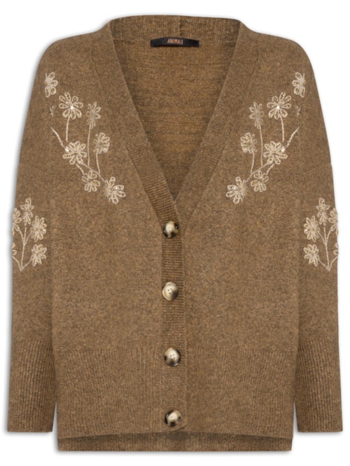 Cardigan Feminino Bordado Gola V De Tricot - Marrom