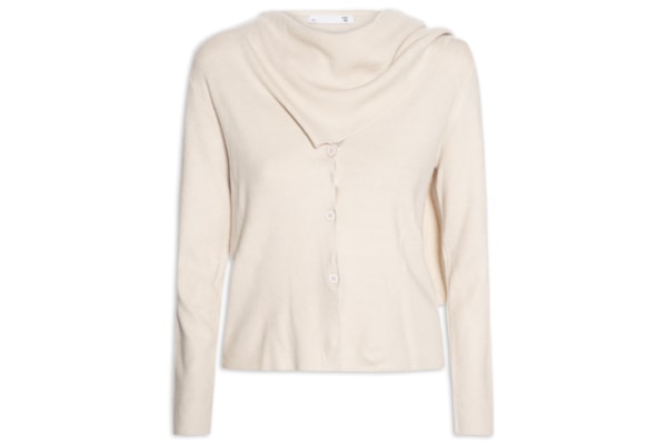 Cardigan Feminino com Botões e Cachecol em Tricot - Bege