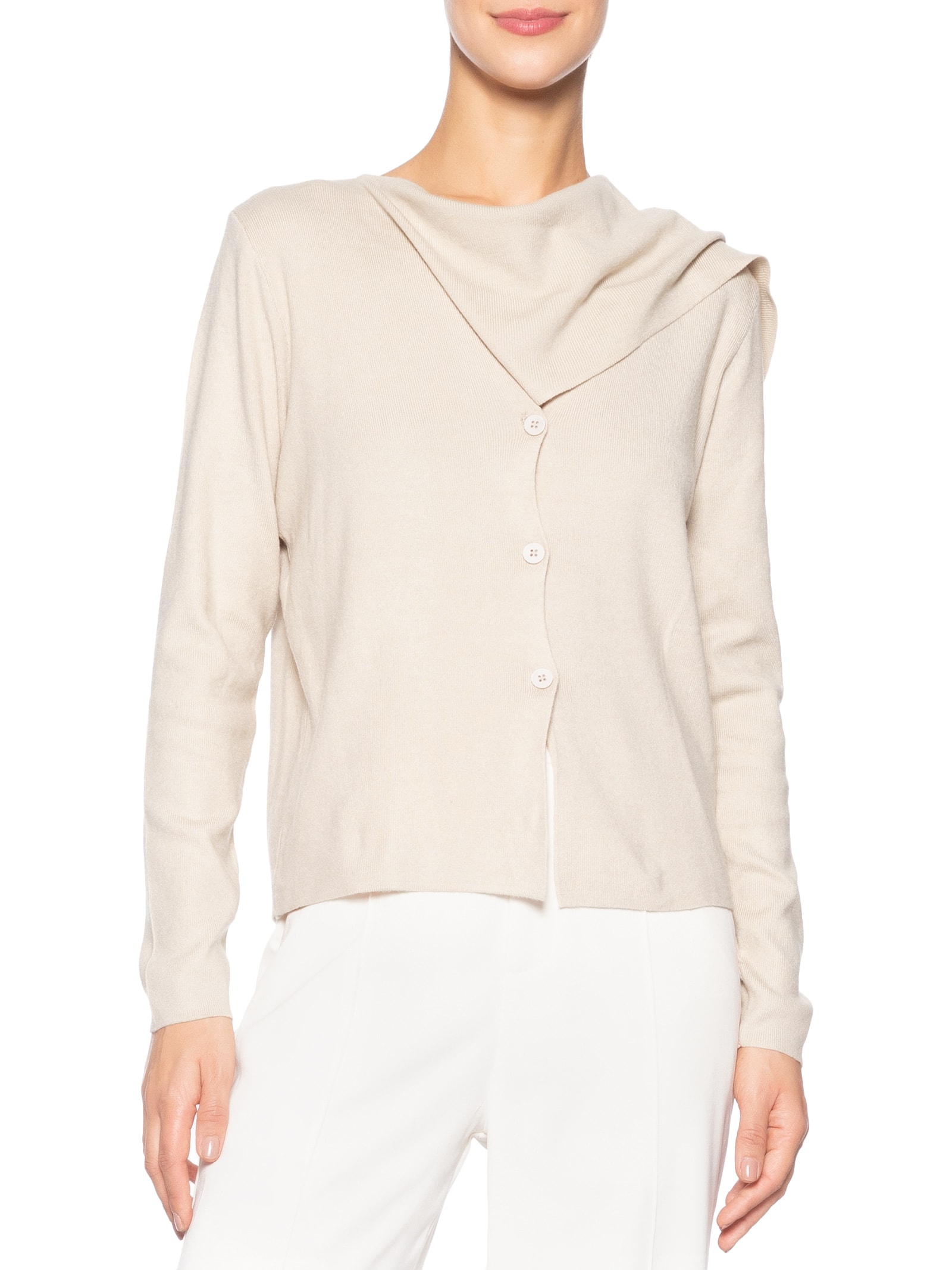 Cardigan Feminino com Botões e Cachecol em Tricot Bege '2Essential