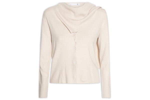 Cardigan Feminino com Botões e Cachecol em Tricot - Bege