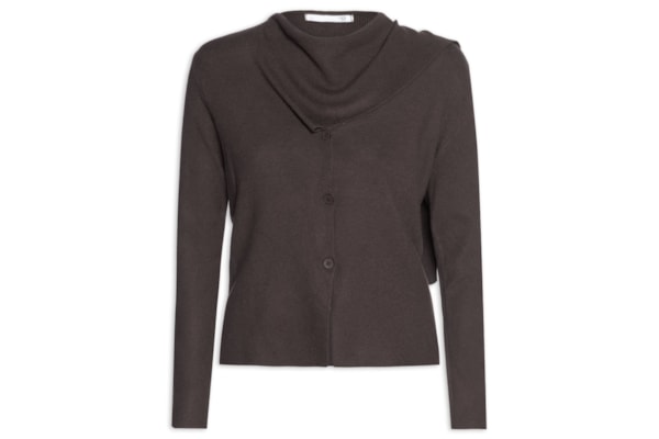 Cardigan Feminino com Botões e Cachecol em Tricot - Marrom