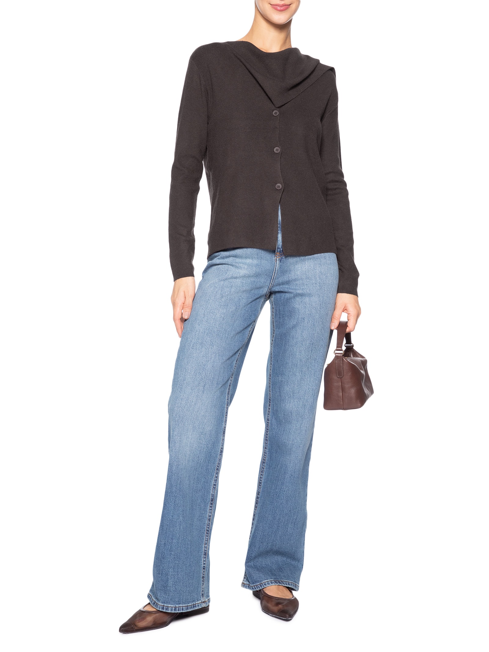 Cardigan Feminino com Botões e Cachecol em Tricot Marrom '2Essential