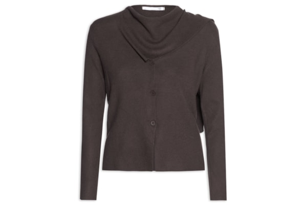Cardigan Feminino com Botões e Cachecol em Tricot - Marrom