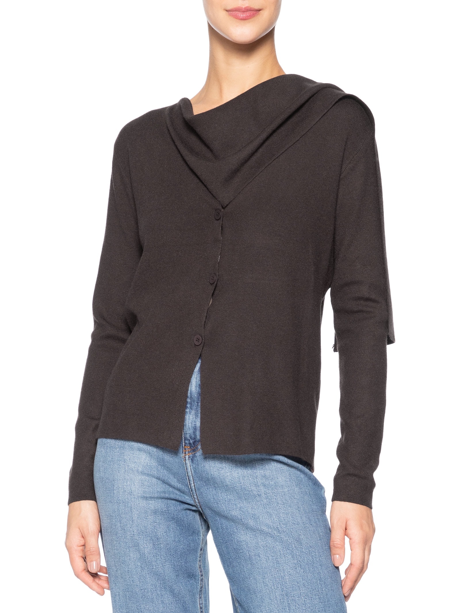 Cardigan Feminino com Botões e Cachecol em Tricot Marrom '2Essential