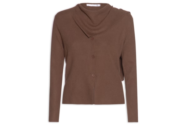 Cardigan Feminino com Botões e Cachecol em Tricot - Marrom