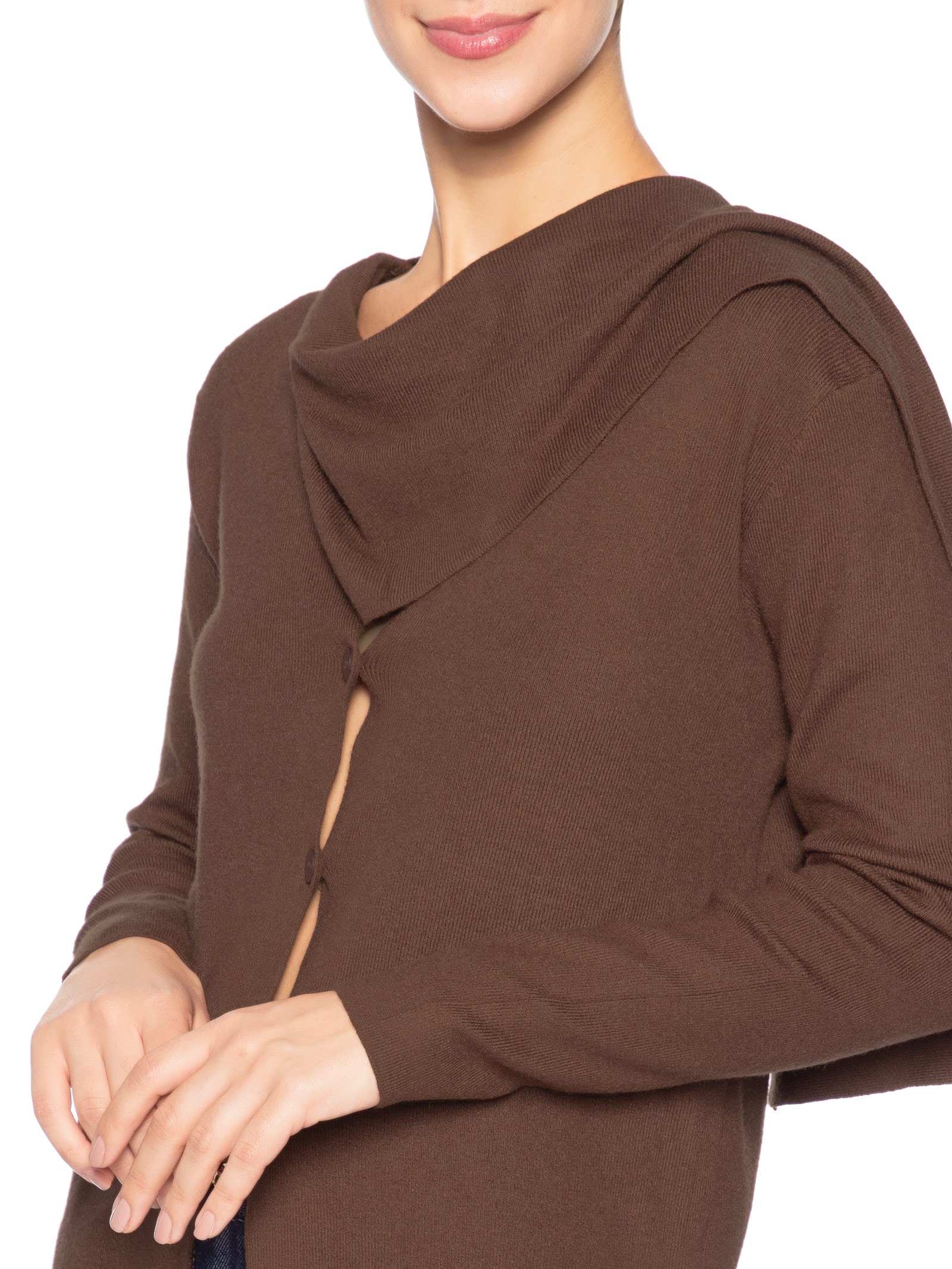 Cardigan Feminino com Botões e Cachecol em Tricot Marrom '2Essential