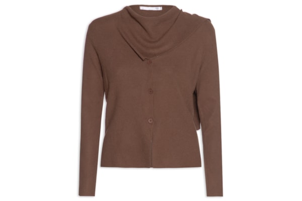Cardigan Feminino com Botões e Cachecol em Tricot - Marrom