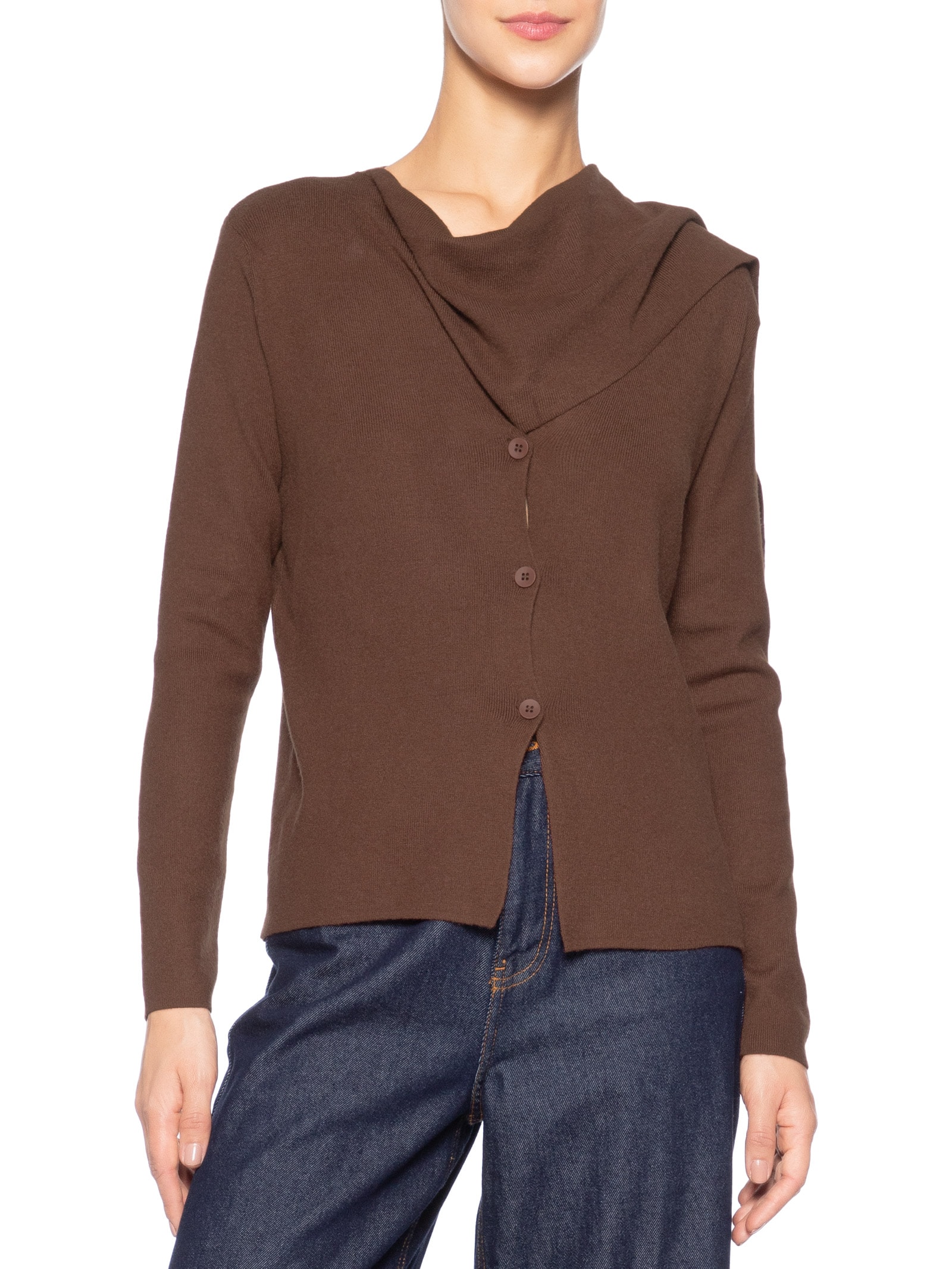 Cardigan Feminino com Botões e Cachecol em Tricot Marrom '2Essential
