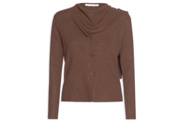 Cardigan Feminino com Botões e Cachecol em Tricot - Marrom