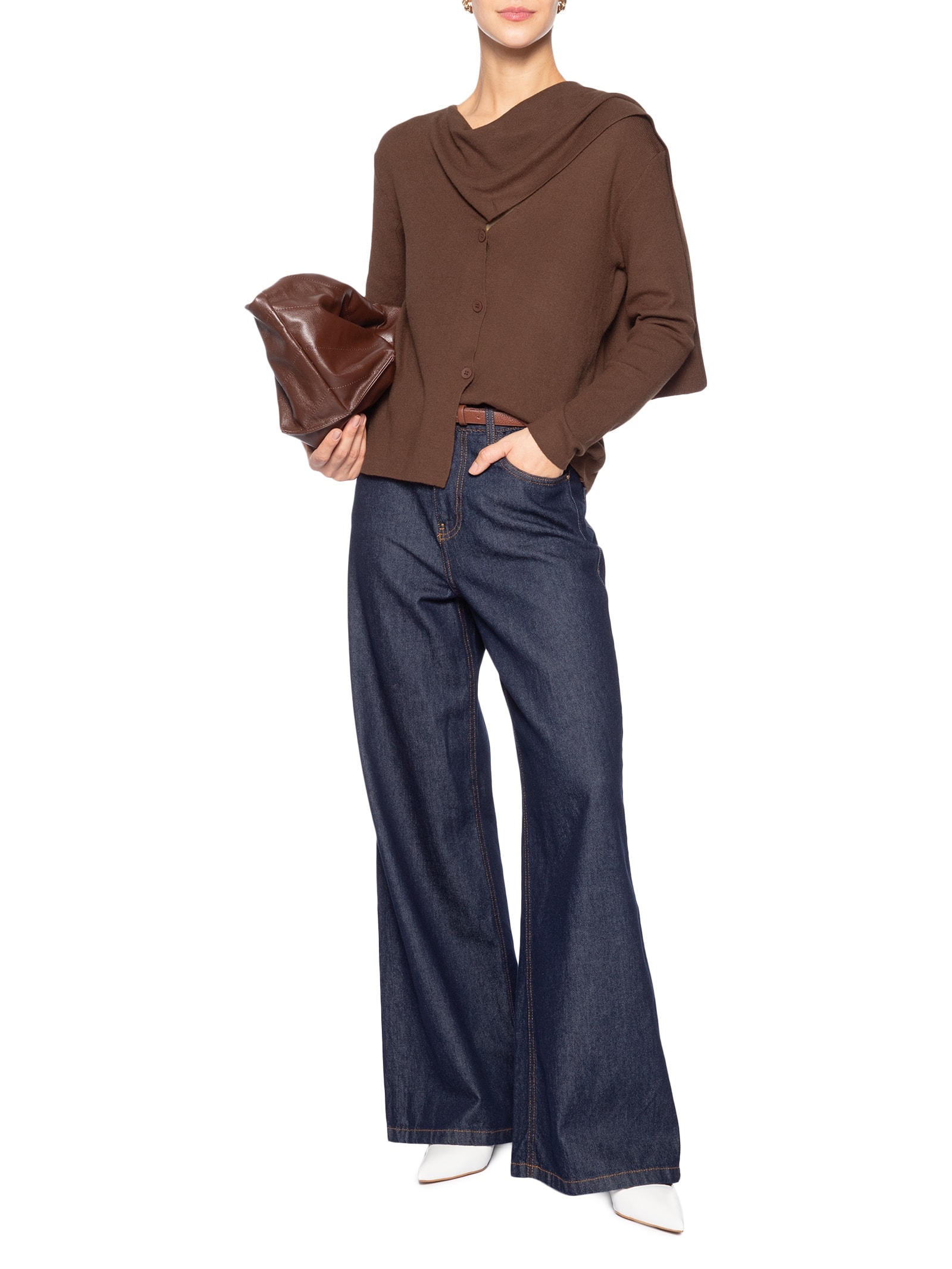 Cardigan Feminino com Botões e Cachecol em Tricot Marrom '2Essential