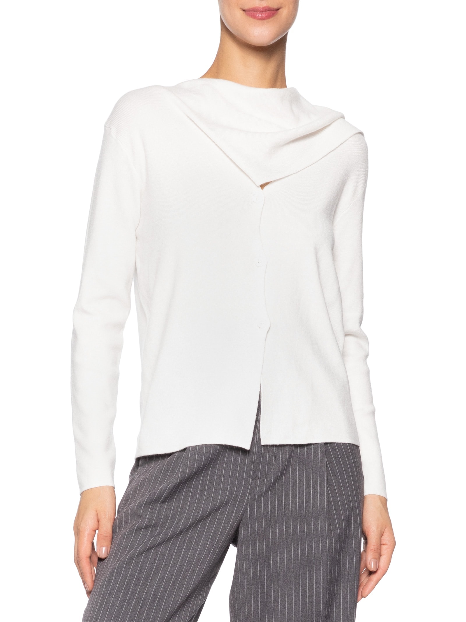 Cardigan Feminino com Botões e Cachecol em Tricot Off White '2Essential