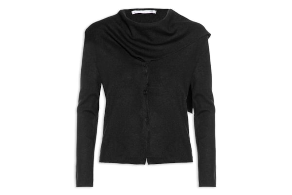 Cardigan Feminino com Botões e Cachecol em Tricot - Preto