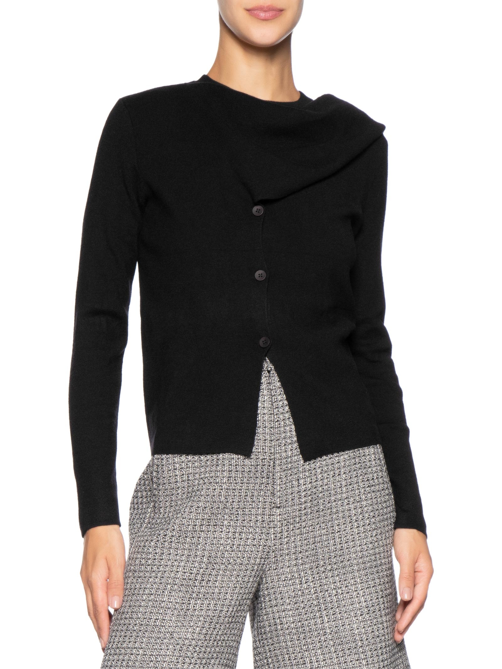 Cardigan Feminino com Botões e Cachecol em Tricot Preto '2Essential