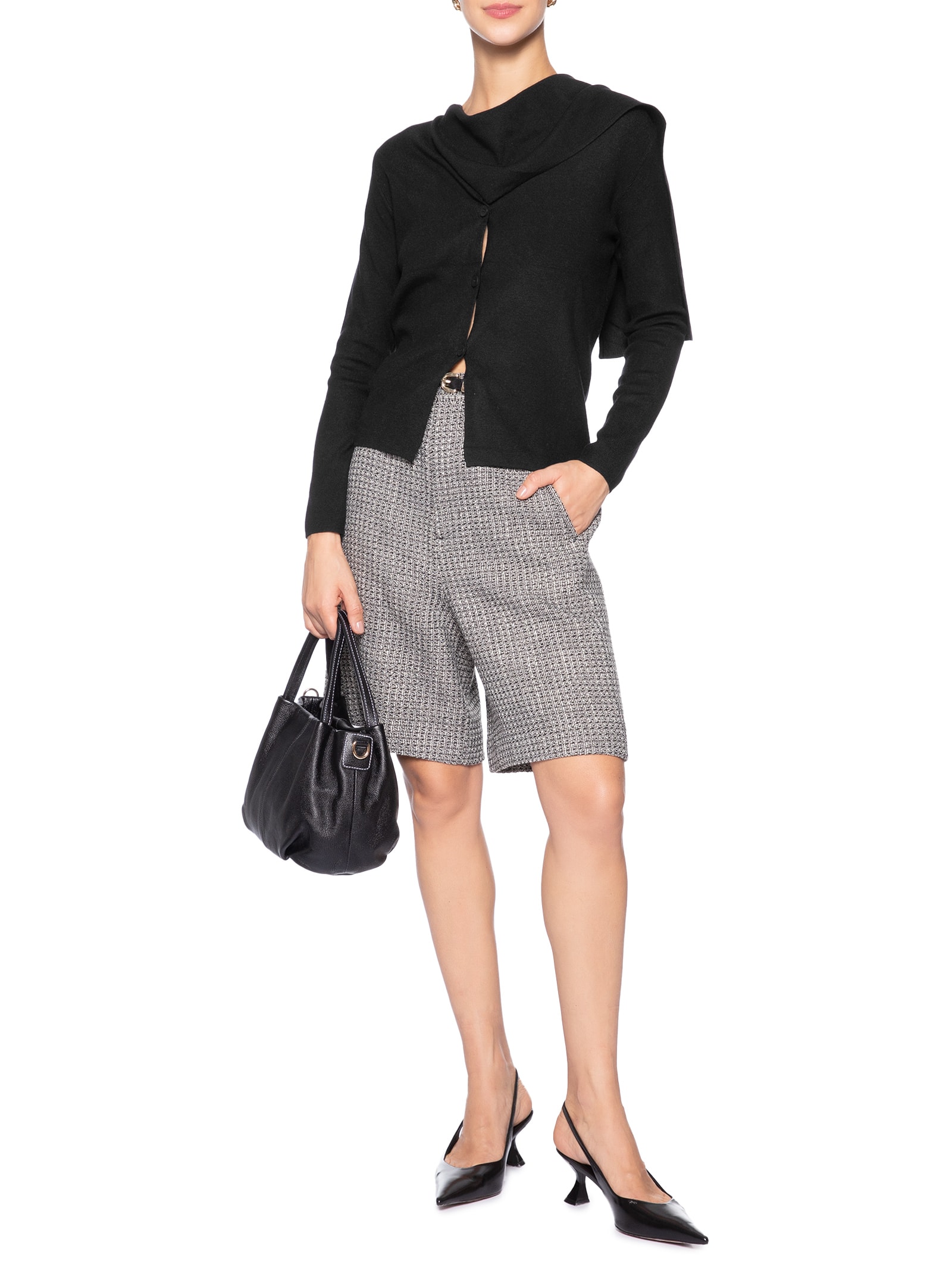 Cardigan Feminino com Botões e Cachecol em Tricot Preto '2Essential