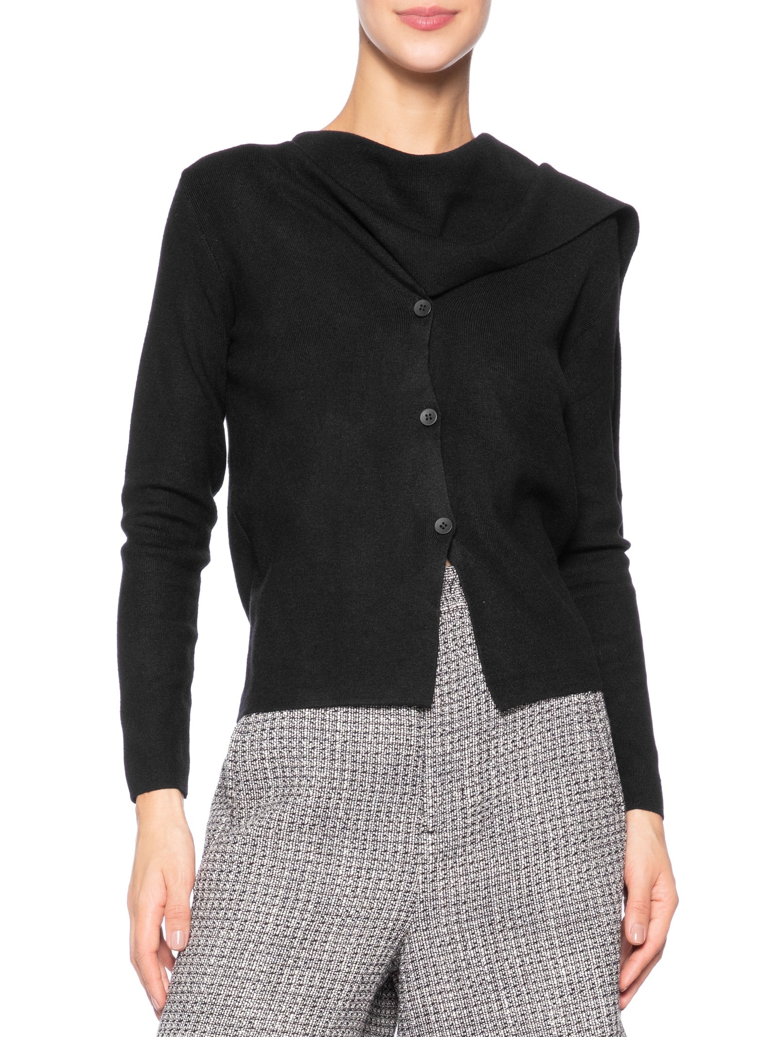 Cardigan Feminino com Botões e Cachecol em Tricot Preto '2Essential