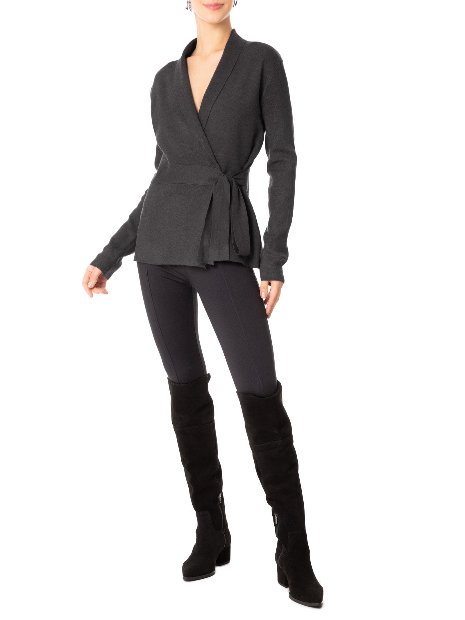 Cardigan Feminino Com Cinto Em Tricot Cinza '2Essential
