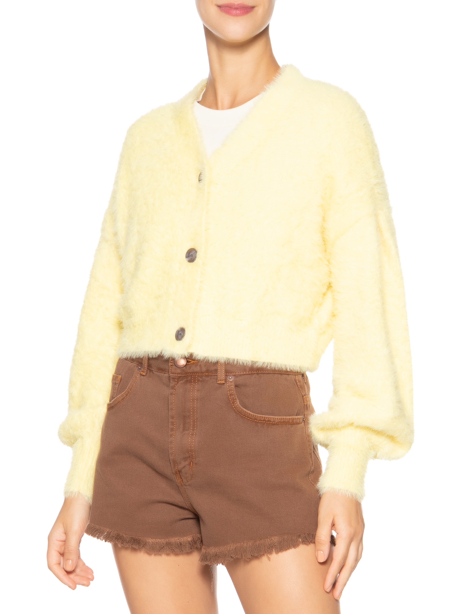 Cardigan Feminino Curto Pelinho Amarelo Farm