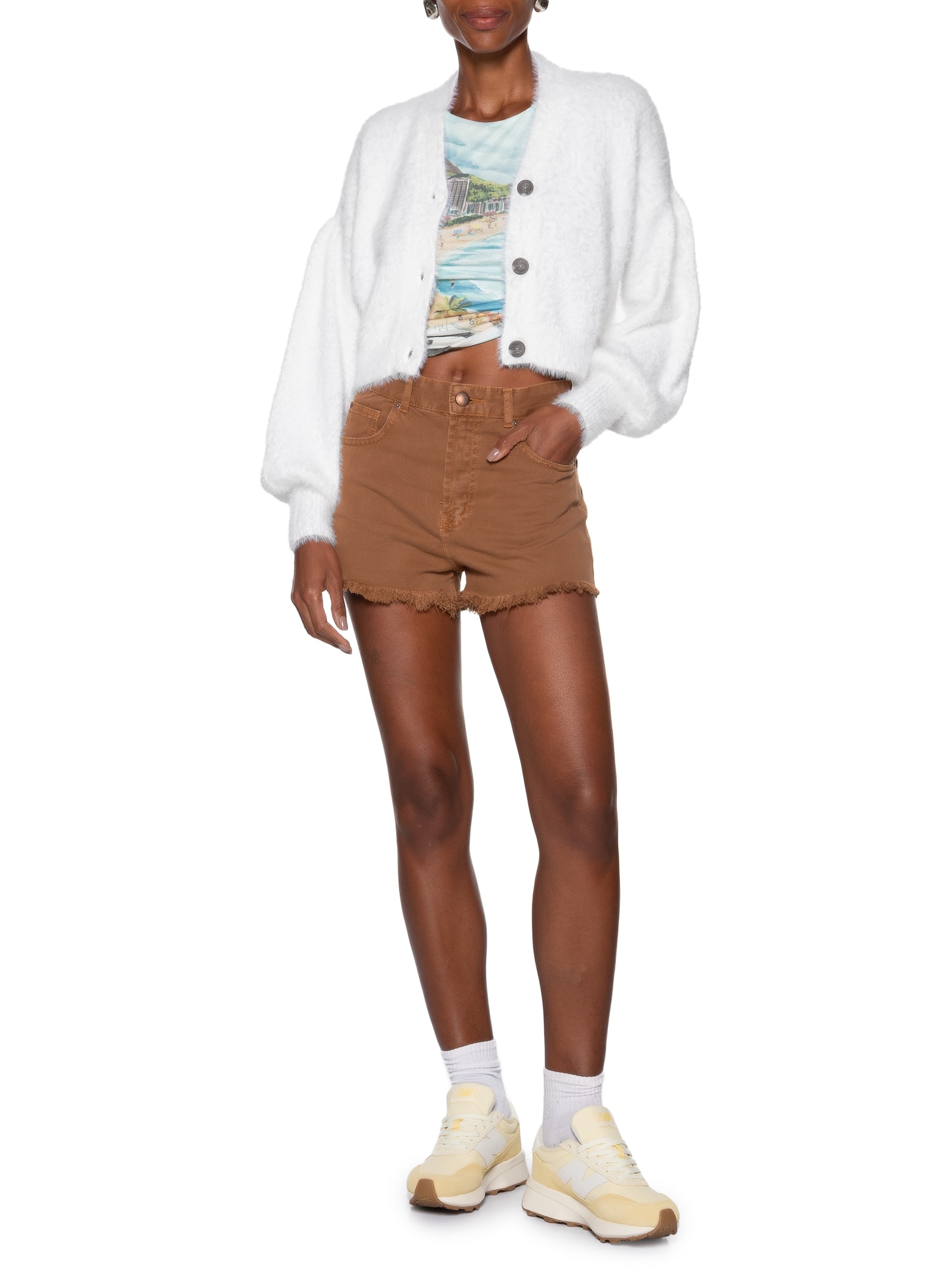 Cardigan Feminino Curto Pelinho Branco Farm