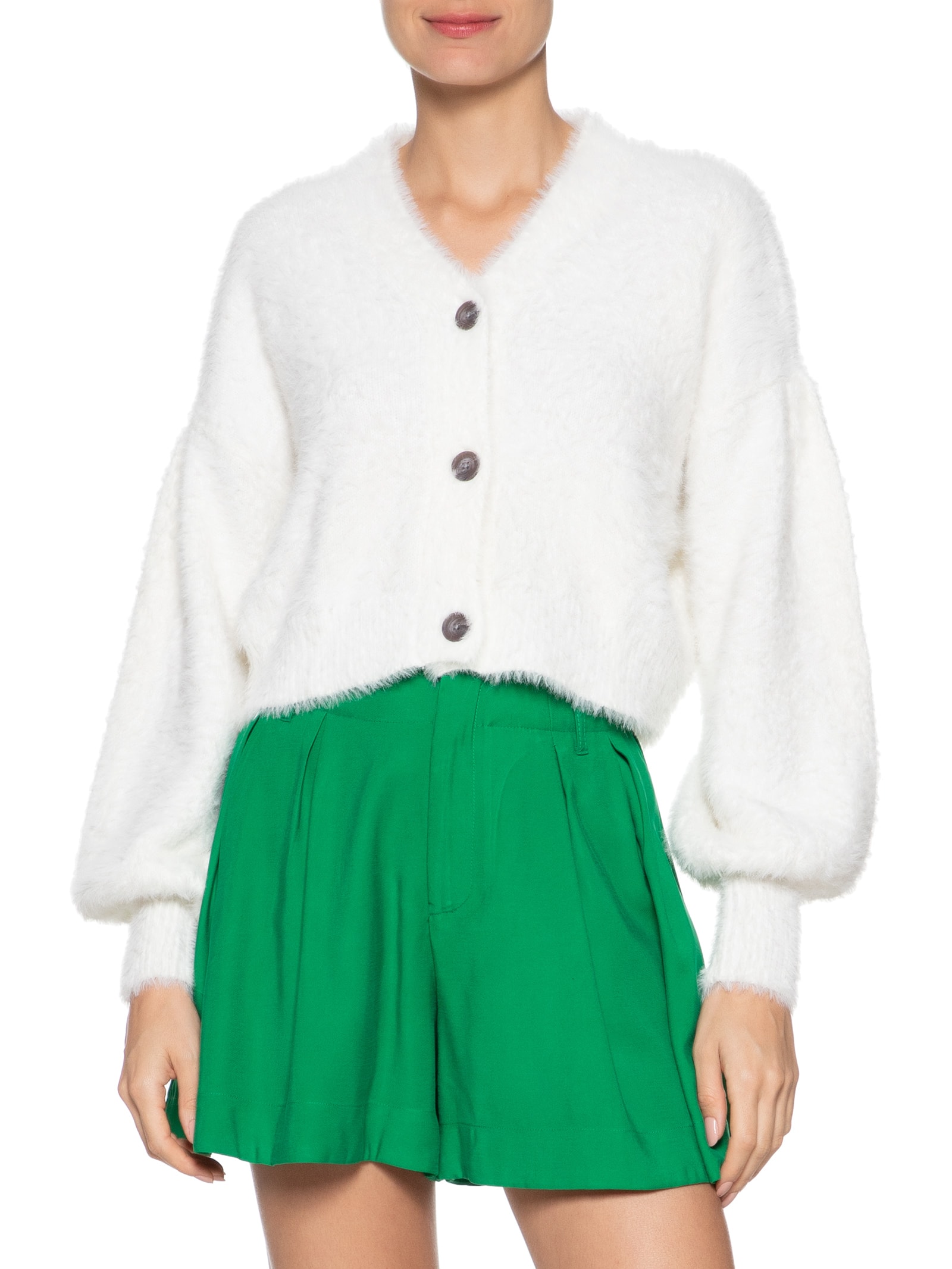 Cardigan Feminino Curto Pelinho Tricot Branco Farm