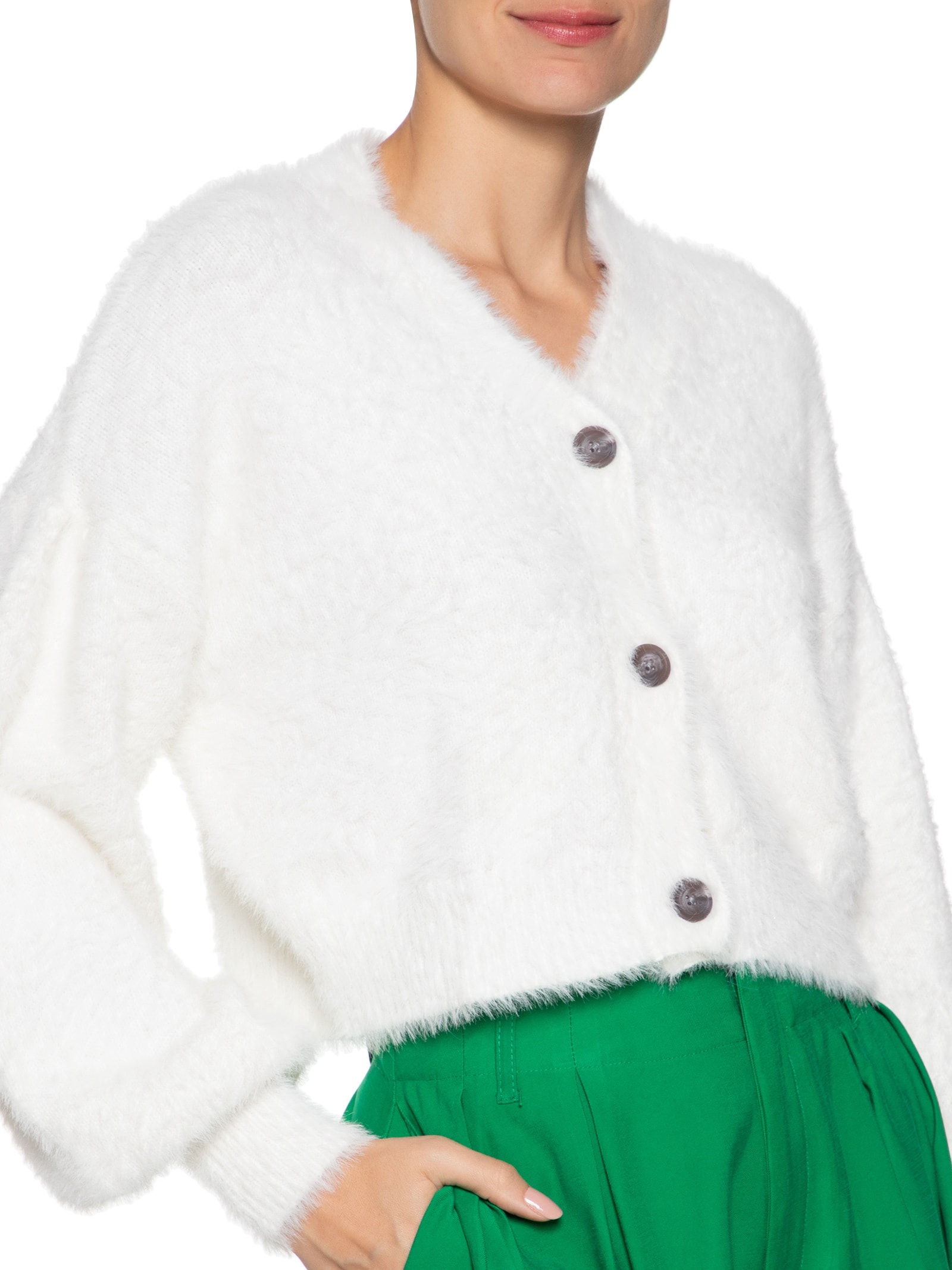 Cardigan Feminino Curto Pelinho Tricot Branco Farm