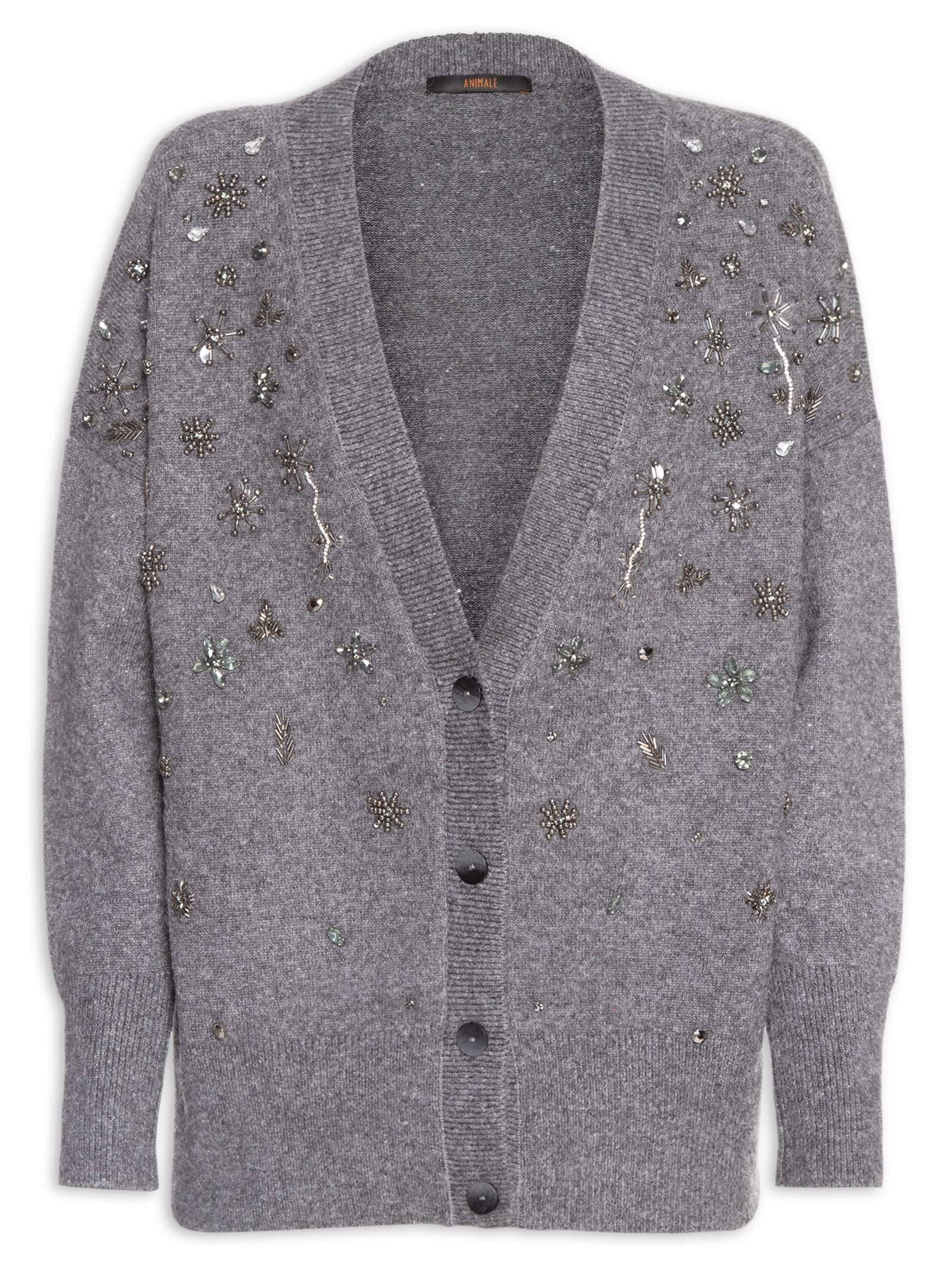 Cardigan Feminino  Gola V com Bordado de Tricot Cinza Animale