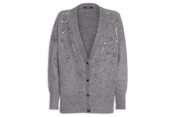 Cardigan Feminino  Gola V com Bordado de Tricot - Cinza