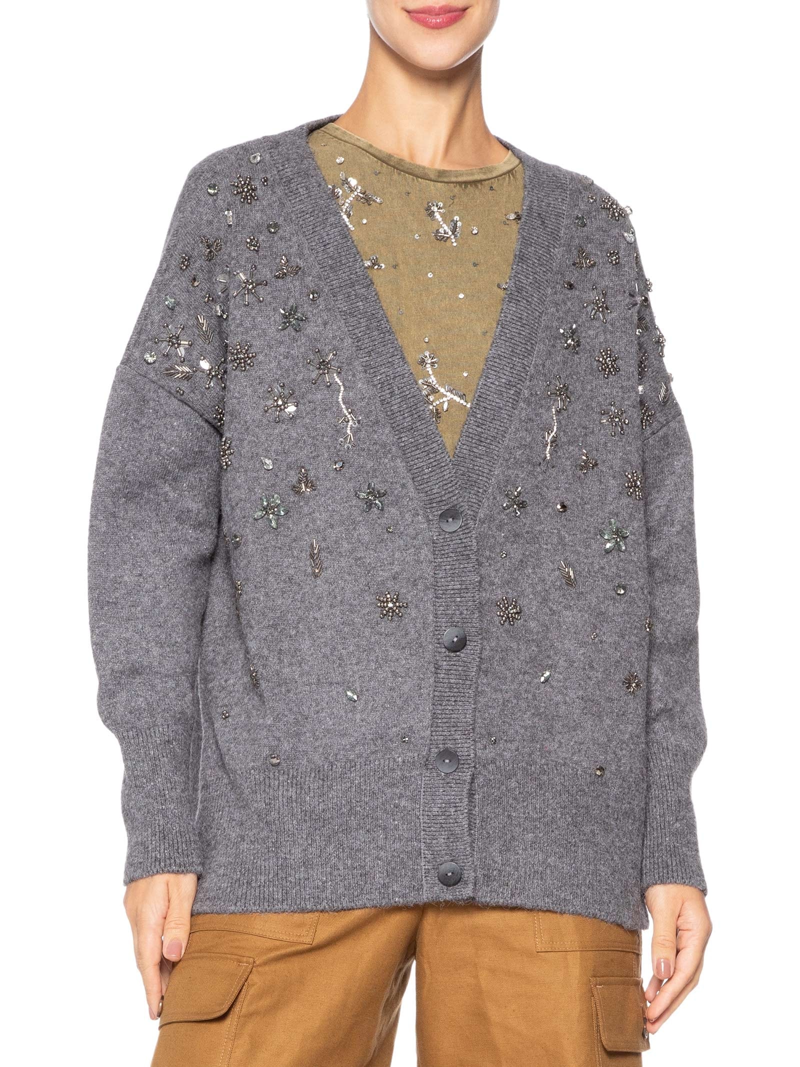 Cardigan Feminino  Gola V com Bordado de Tricot Cinza Animale